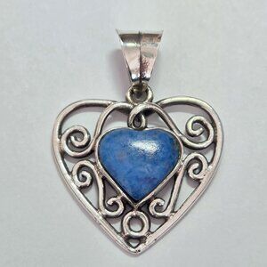 Sterling Silver Filigree Heart Pendant w/ Blue Stone
